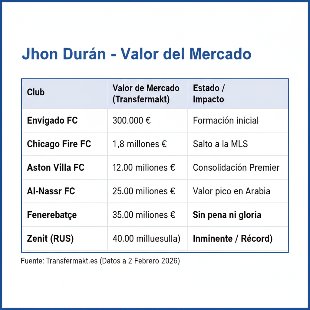Evolución del valor de mercado de Jhon Durán al Zenit desde su debut.
